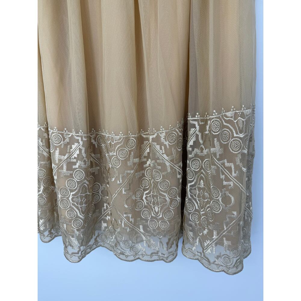 Garnet Hill Embroidered Tulle Midi Skirt Tan Beige Boho Elastic Waist Size M - Picture 4 of 8